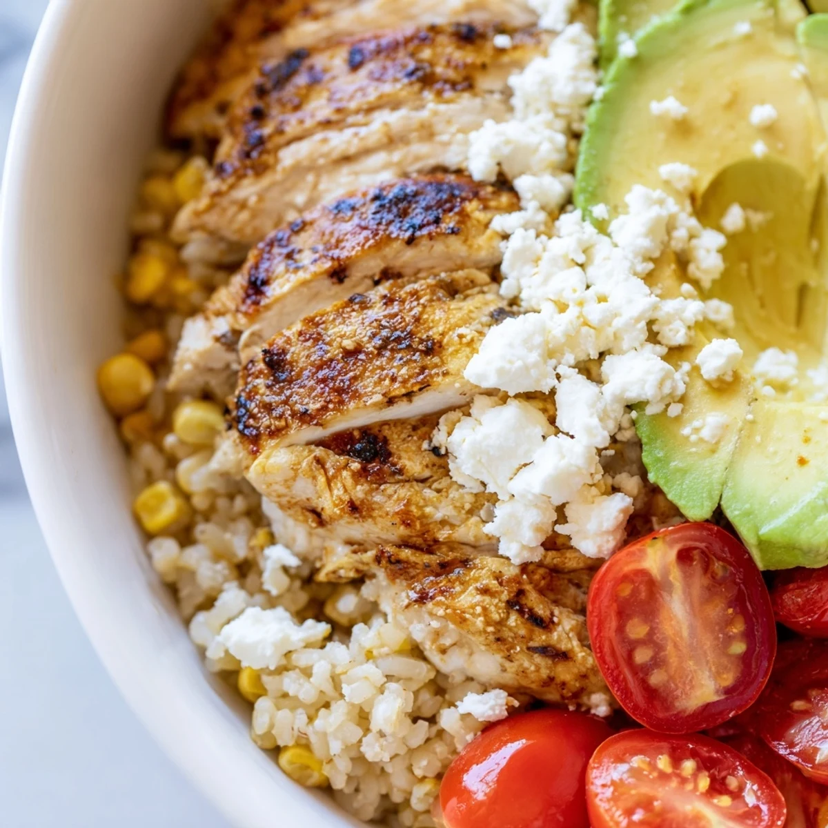 Close-up of Street Corn Chicken Rice Bowl showing avocado slices and cotija cheese beside fresh lime wedges.
