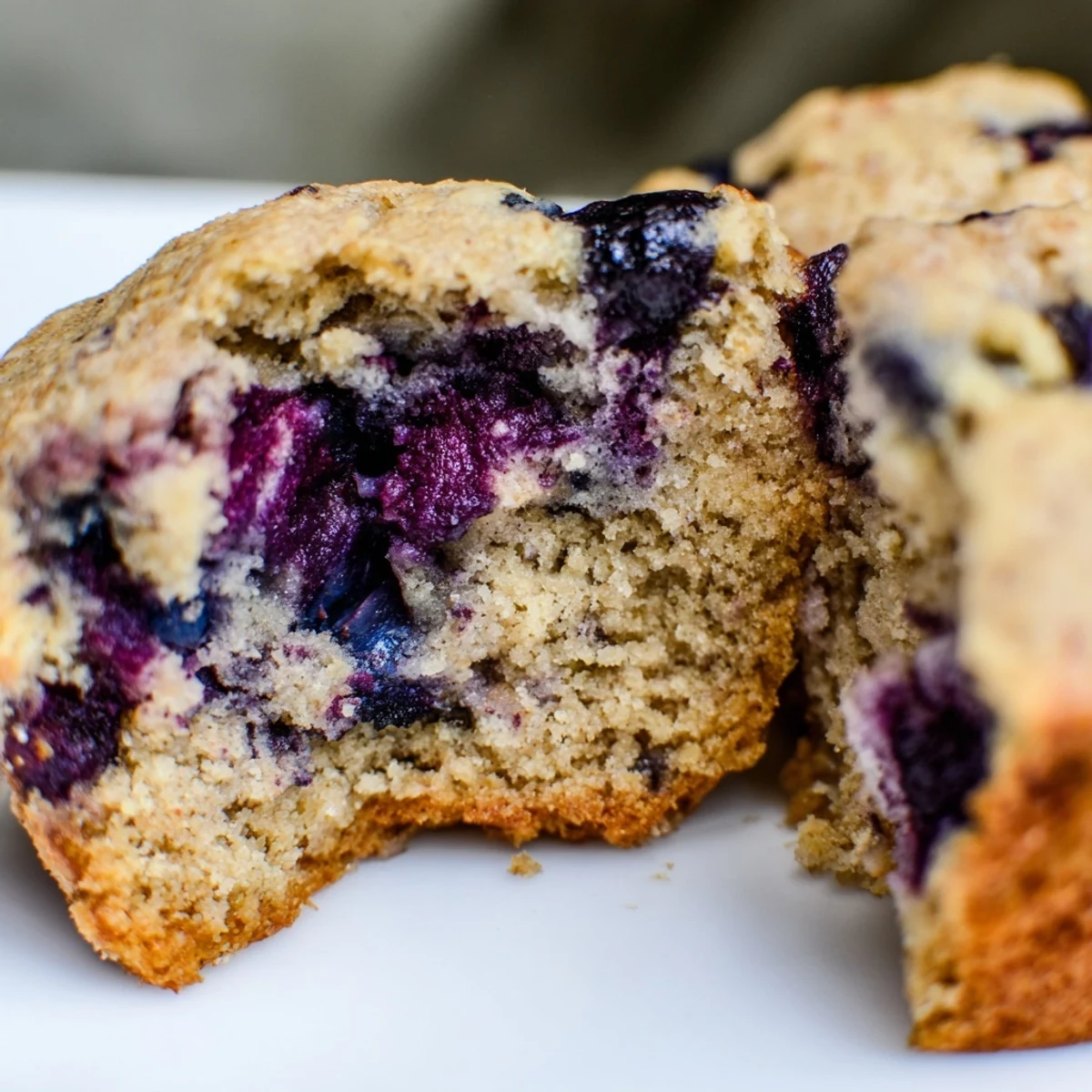 Freshly baked Greek Yogurt Blueberry Protein Muffins arranged on a wooden board, showcasing their golden tops and moist texture for an easy on-the-go breakfast.  