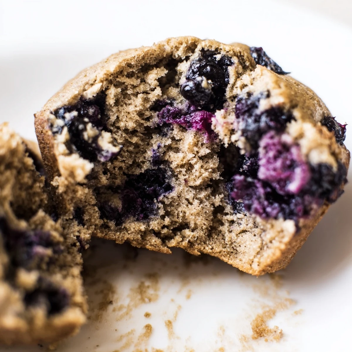 A close-up of Greek Yogurt Blueberry Protein Muffins showcasing the moist, tender crumb and bursts of juicy blueberries, ready to enjoy.  