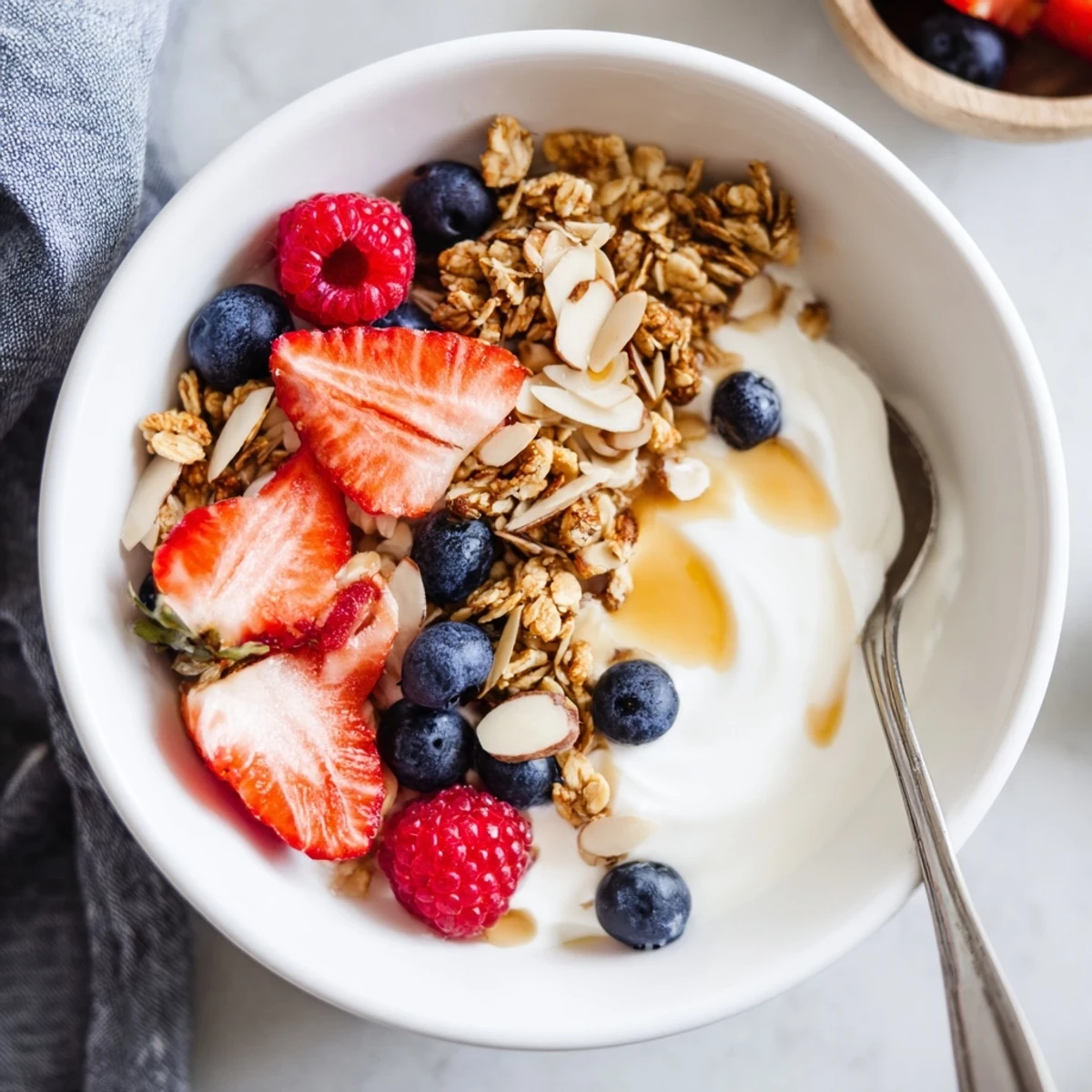 A vibrant photo shows four Easy Yogurt Granola Bowls 4 Ways, each topped with fresh berries, nuts, and honey for a healthy breakfast.