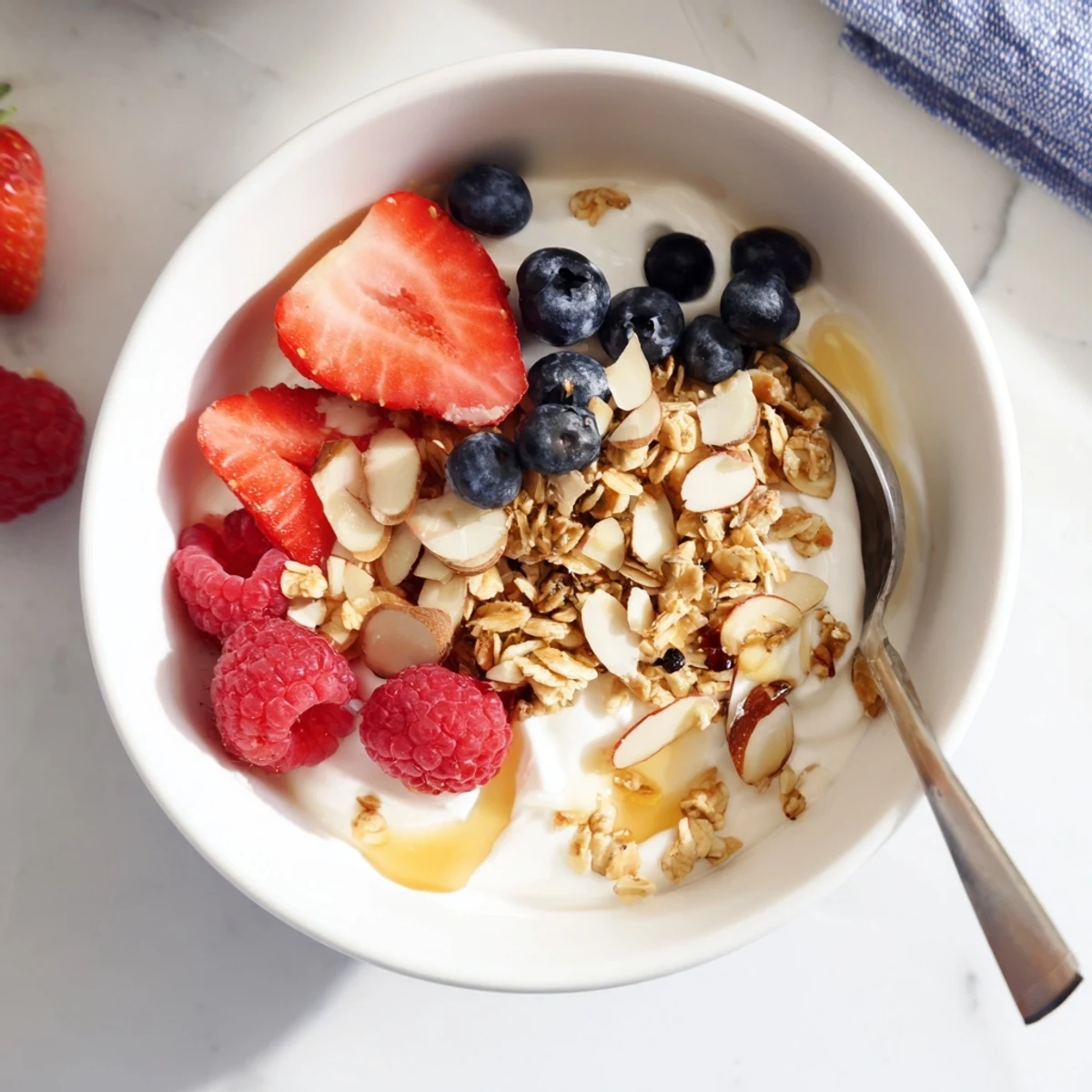 Close-up shot of Easy Yogurt Granola Bowls 4 Ways, featuring tropical mango, coconut flakes, and crunchy cashews for a delicious snack.