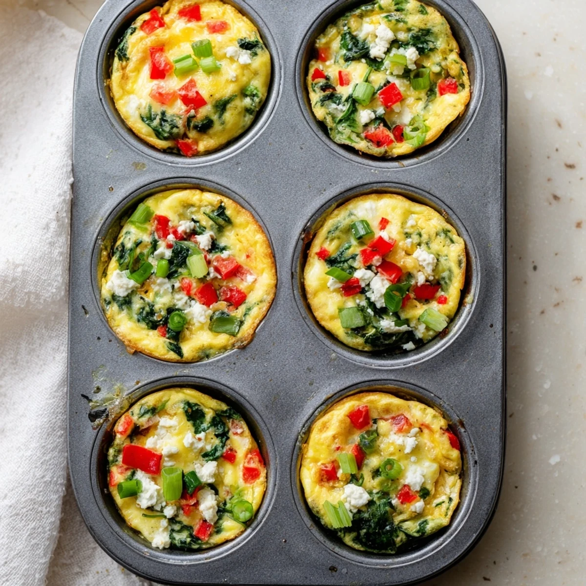 Freshly baked Egg Muffins with Spinach and Feta arranged on a rustic wooden platter, garnished with sliced green onions for a fresh breakfast presentation.