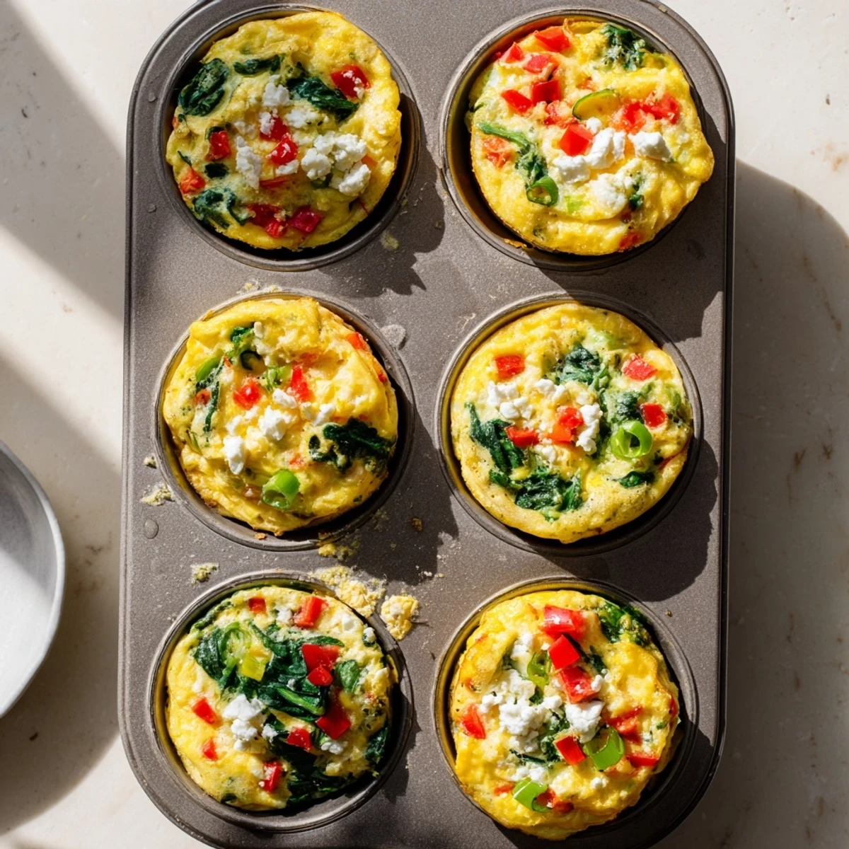 Six golden-brown Egg Muffins with Spinach and Feta cooling on a wire rack, highlighting the fluffy texture and colorful vegetable specks inside each muffin.