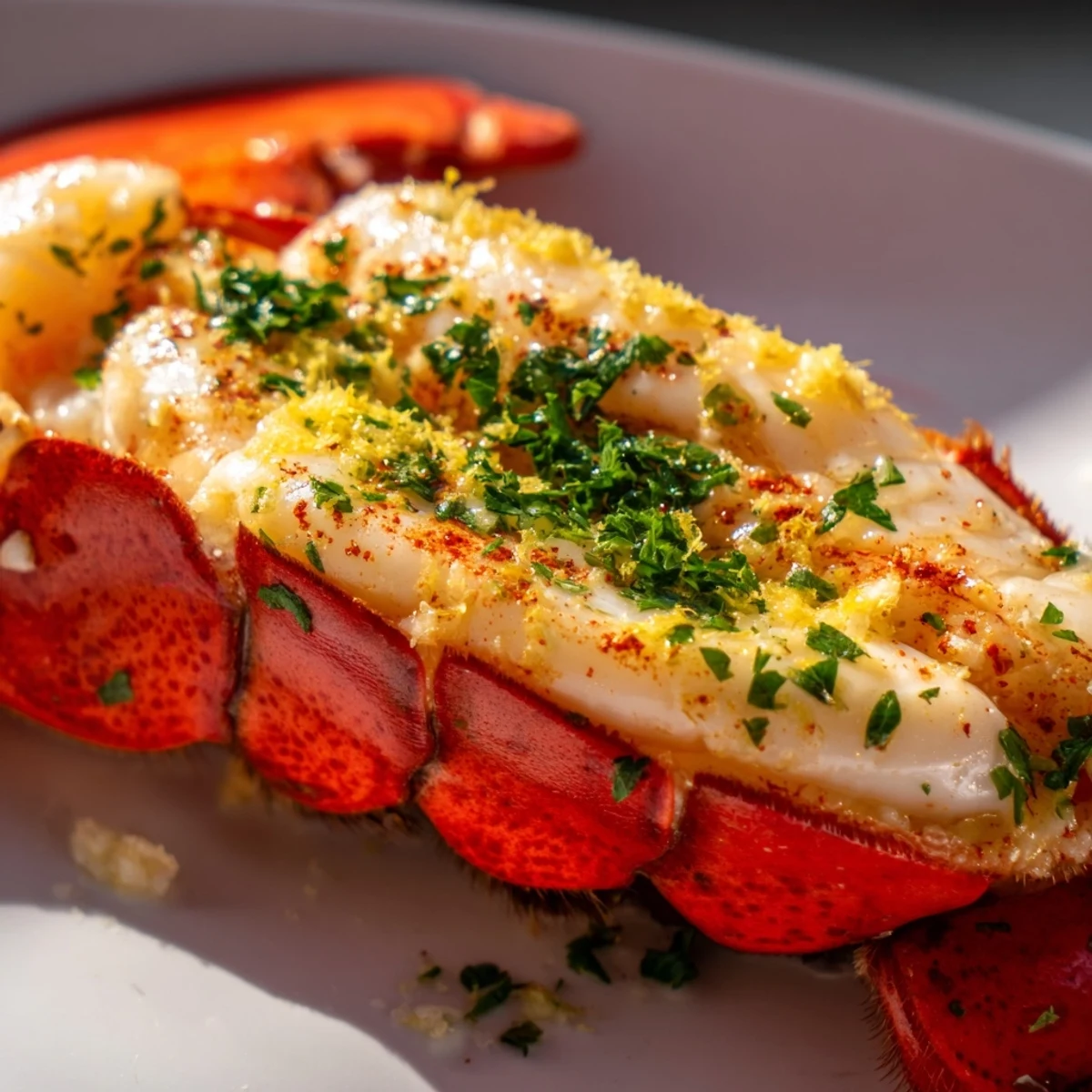Two golden Easy Baked Lobster Tails on a baking sheet, brushed with melted garlic butter and garnished with fresh parsley.