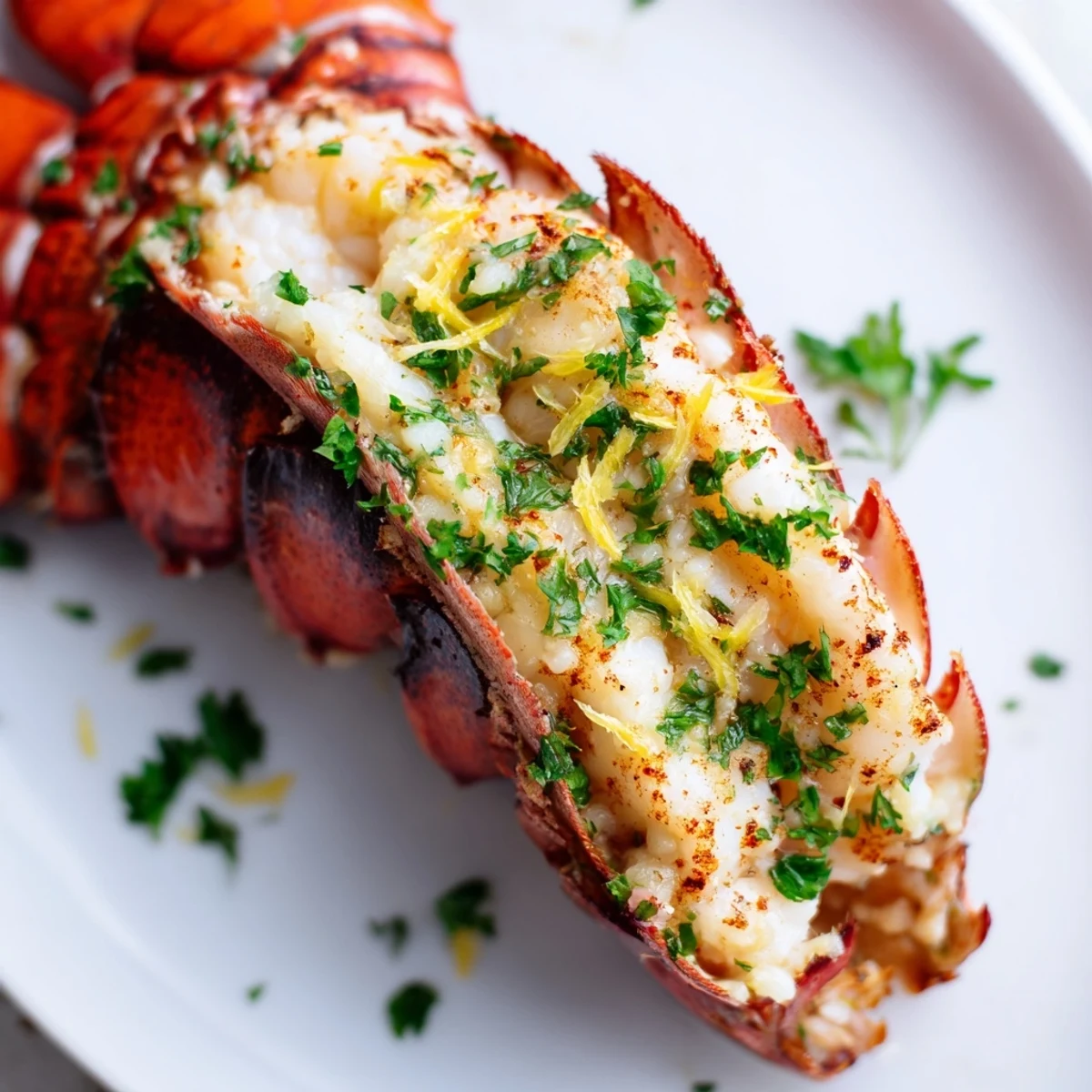 Easy Baked Lobster Tails served on a white plate with a side of vegetables and a drizzle of lemon butter sauce.