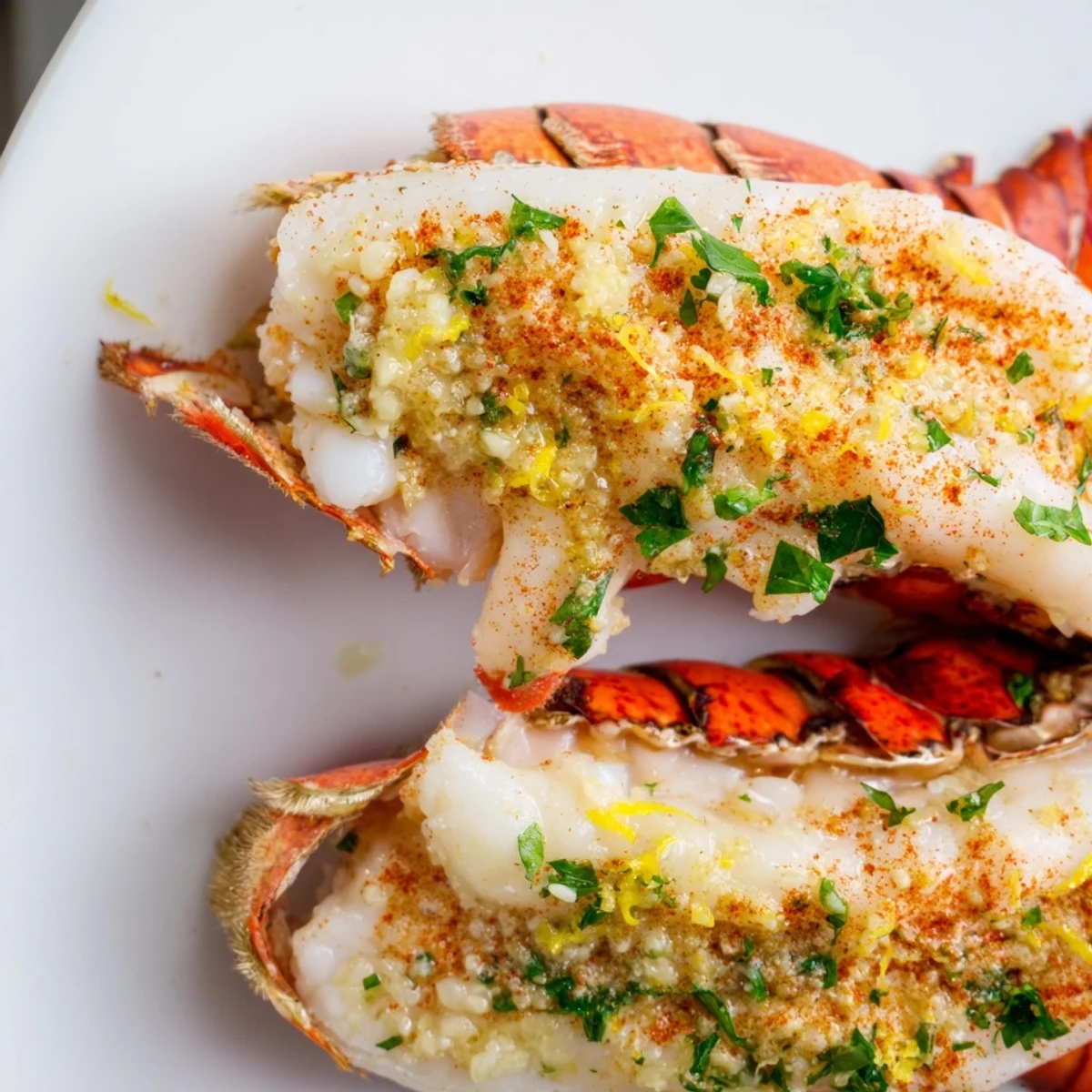 A close-up view of Easy Baked Lobster Tails with lemon wedges, showcasing tender, steaming meat on a rustic wooden table.