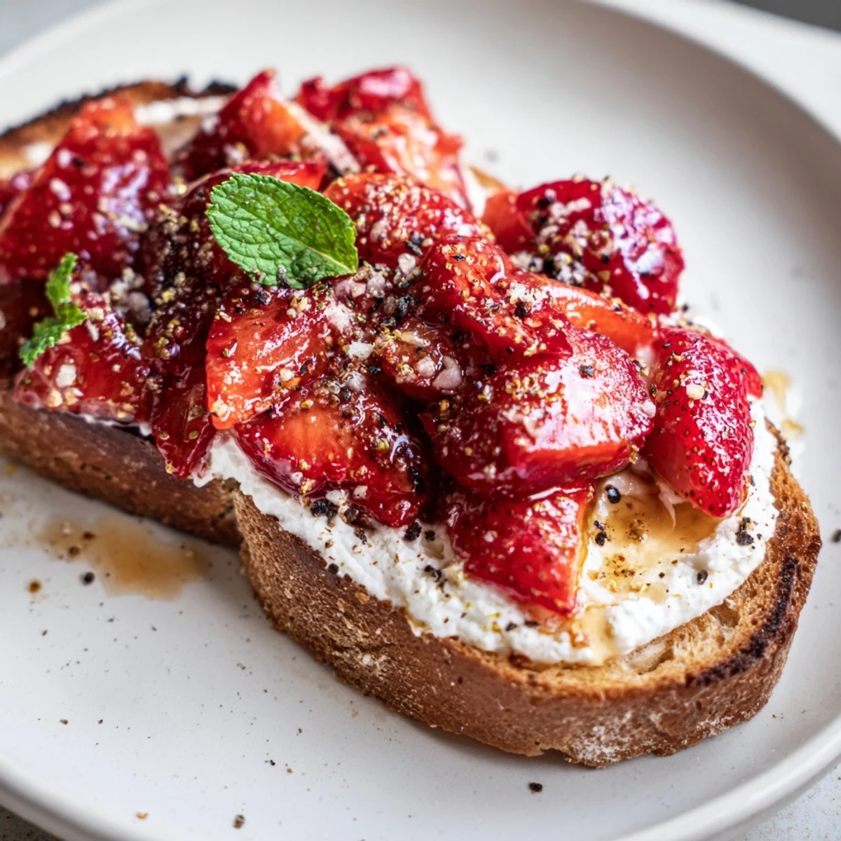 Creamy whipped ricotta and syrupy roasted strawberries adorn crisp sourdough toast for an easy vegetarian breakfast or snack.