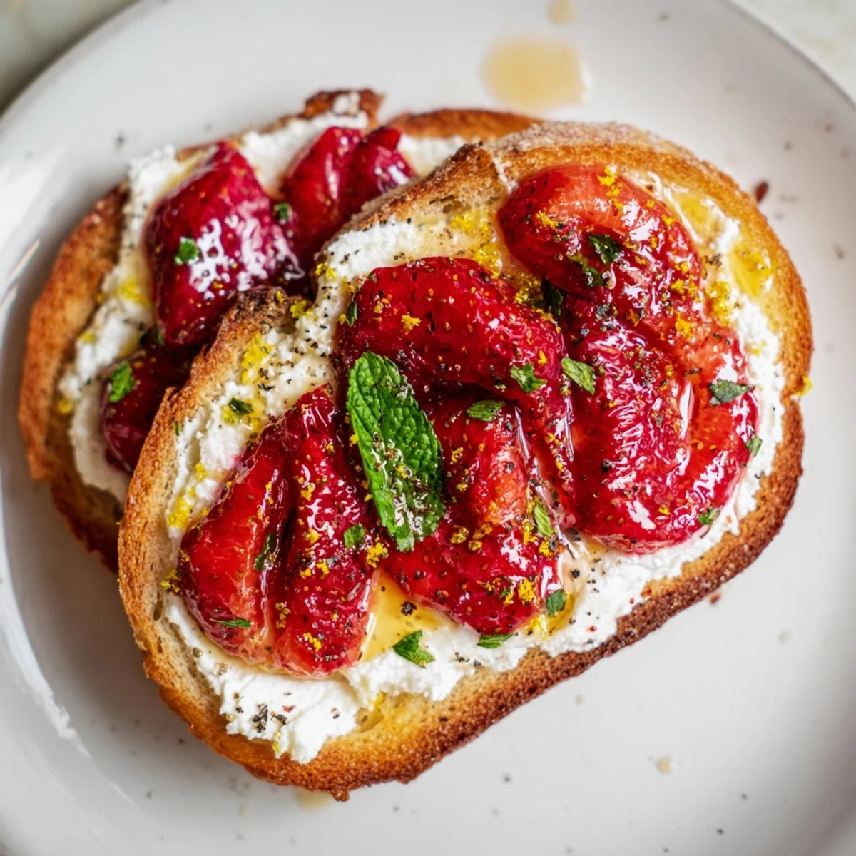 Golden-brown toast slices topped with creamy whipped ricotta and vibrant roasted strawberry halves glistening with syrup.