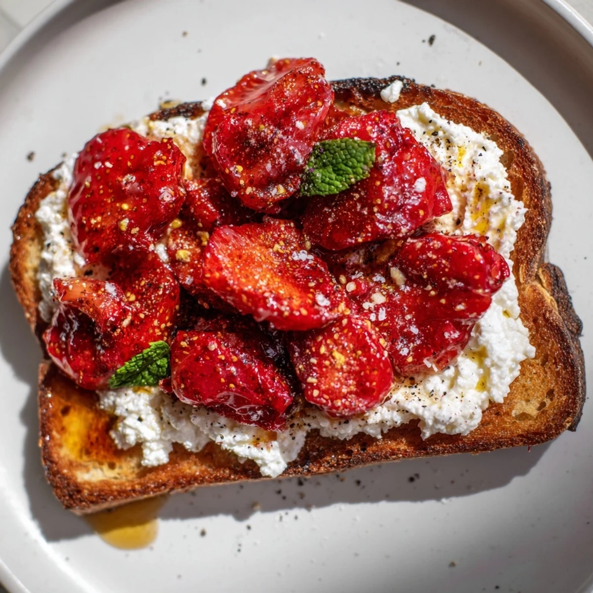 Close-up of Roasted Strawberry Whipped Ricotta Toast garnished with fresh mint and cracked pepper on a rustic plate.