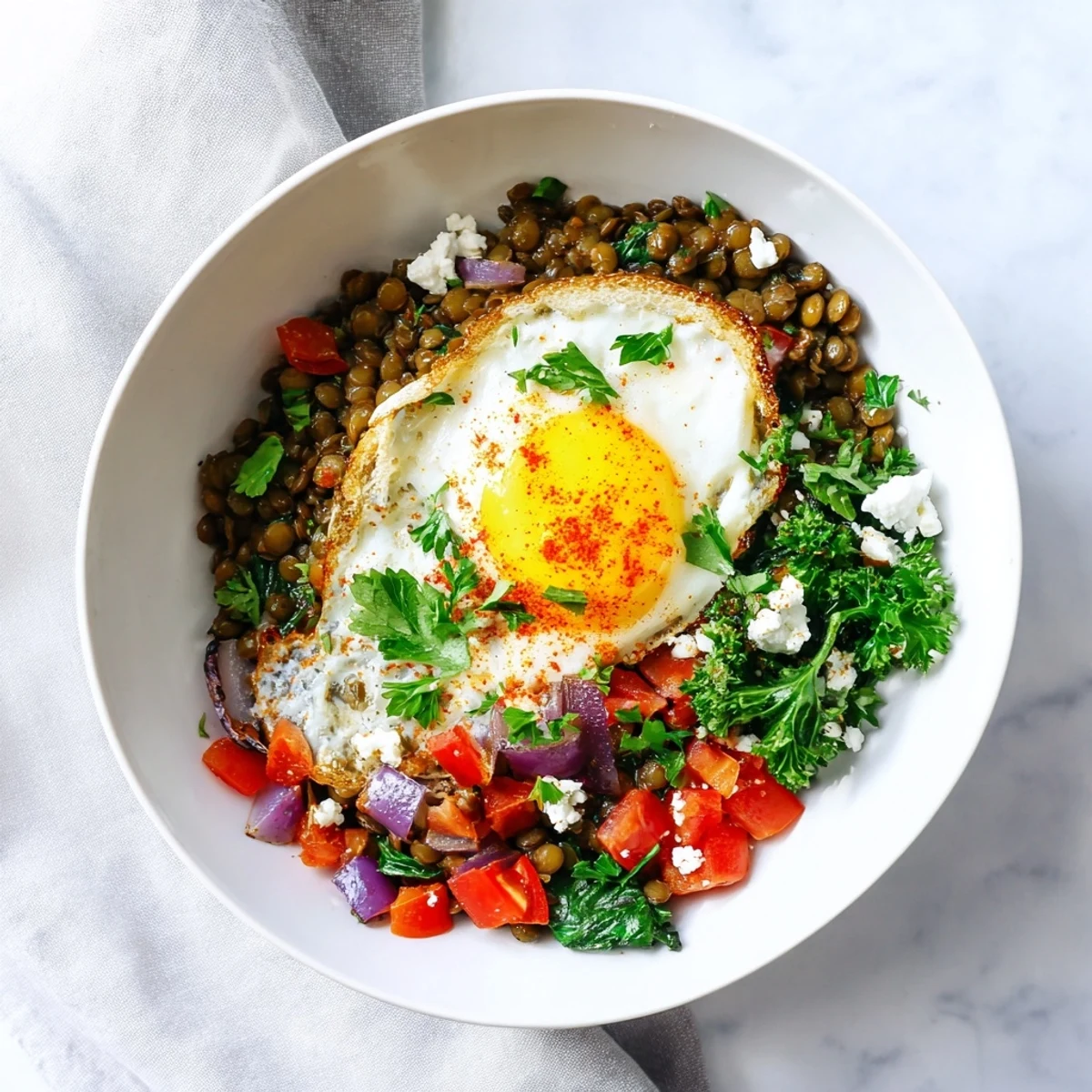 A close-up of the Savory Lentil Breakfast Bowl with a runny egg yolk over lentils and spinach, showing fresh herbs and feta.