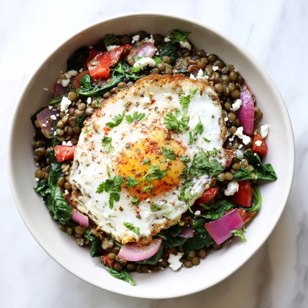 A serving of the Savory Lentil Breakfast Bowl topped with avocado slices and smoked paprika, highlighting its hearty vegetarian ingredients.