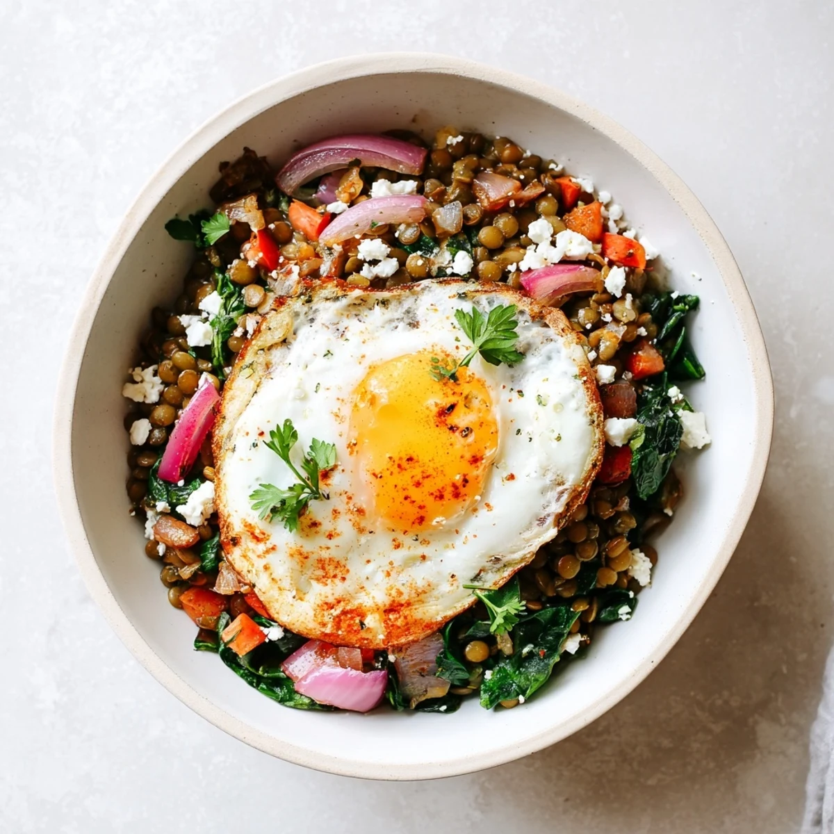 This Savory Lentil Breakfast Bowl features fluffy scrambled eggs on warm lentils with sautéed peppers and onions for a savory morning meal.