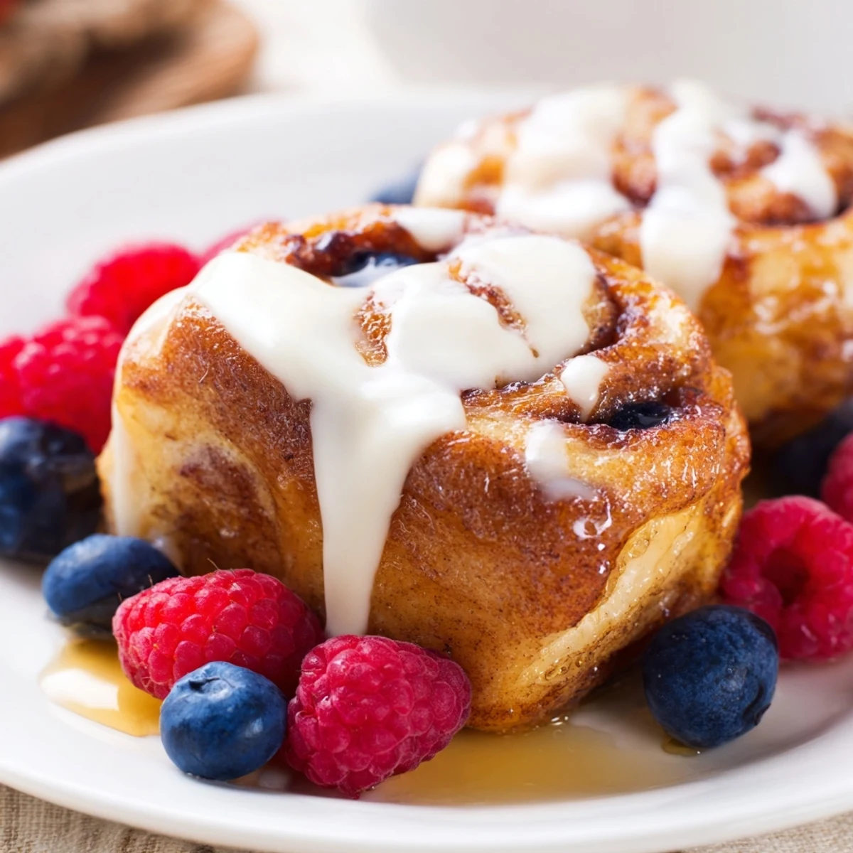 Warm Cinnamon Roll French Toast Bites drizzled with icing and topped with fresh berries on a rustic plate.