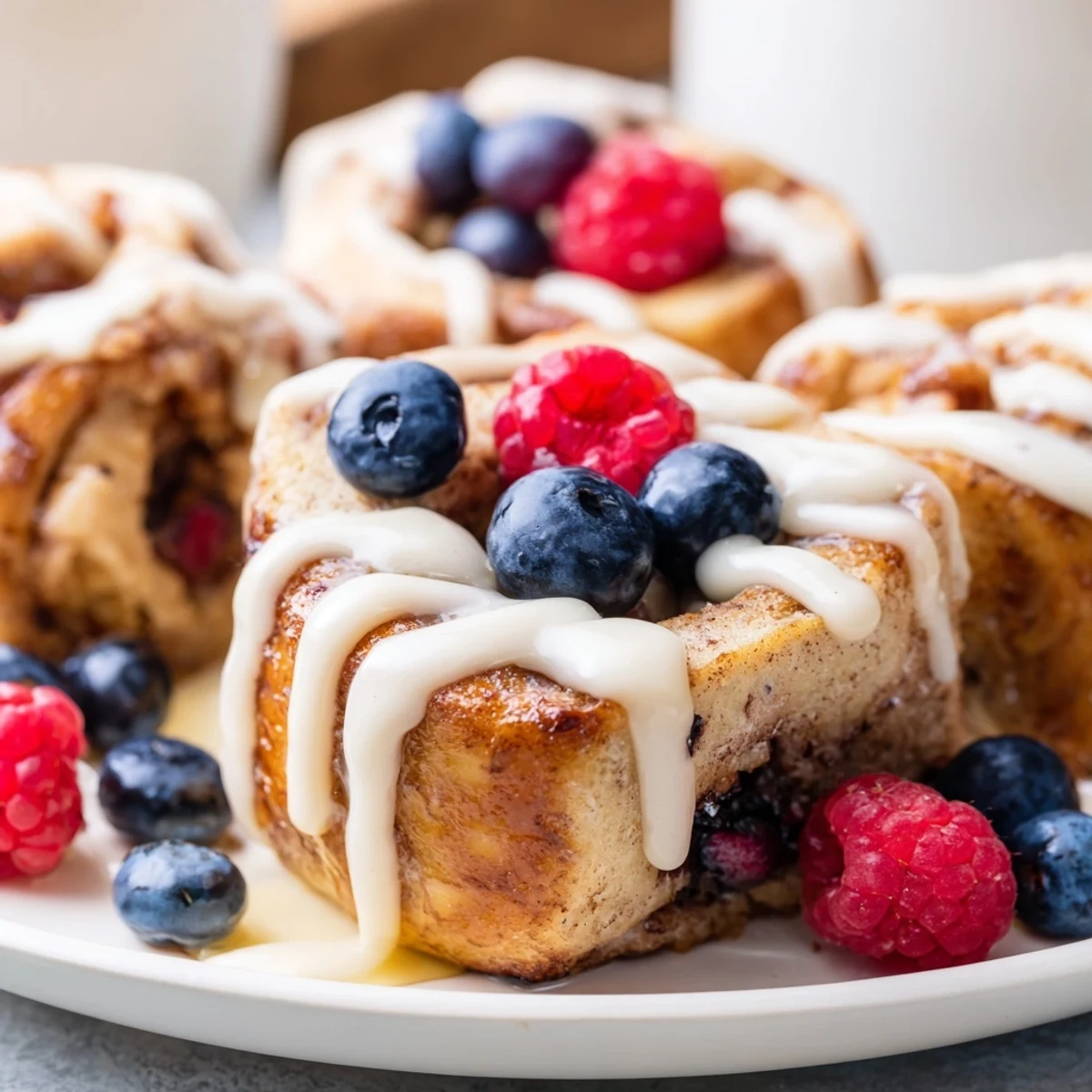 Decadent Cinnamon Roll French Toast Bites with a custardy interior and a sweet drizzle, perfect for brunch.