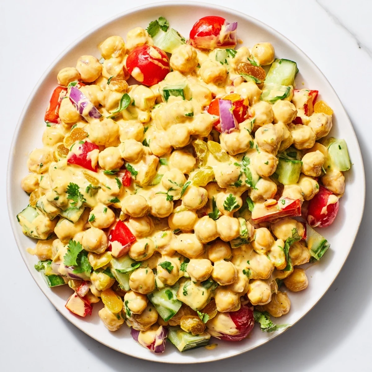 A close-up of Curried Chickpea Salad showing creamy dressing on vibrant vegetables and golden raisins.