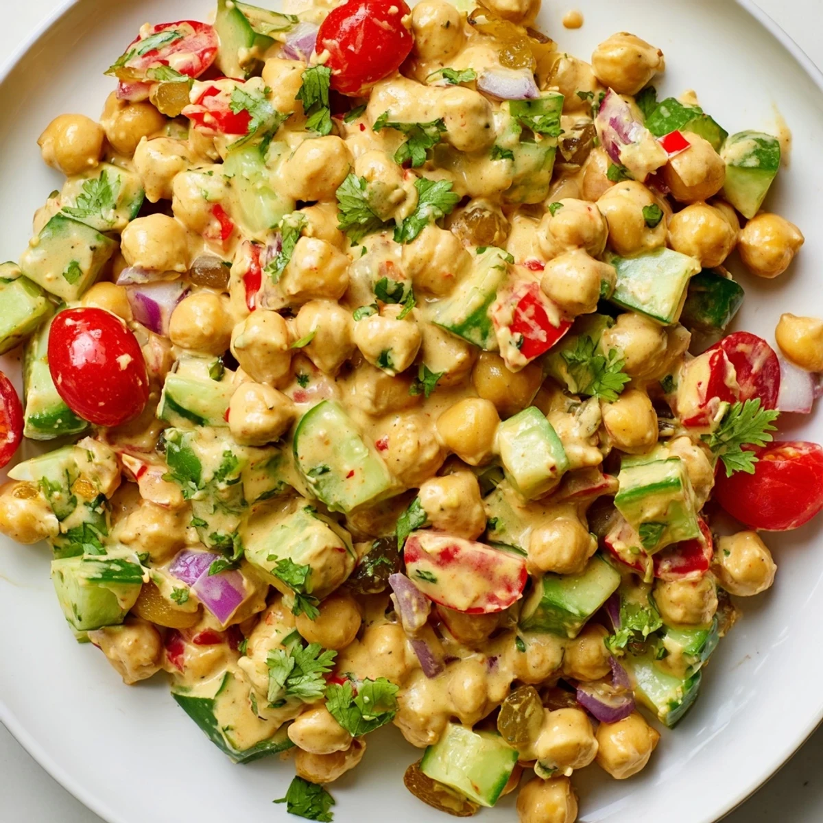 Overhead view of Curried Chickpea Salad with chickpeas, cucumber, and tomatoes ready to serve chilled.