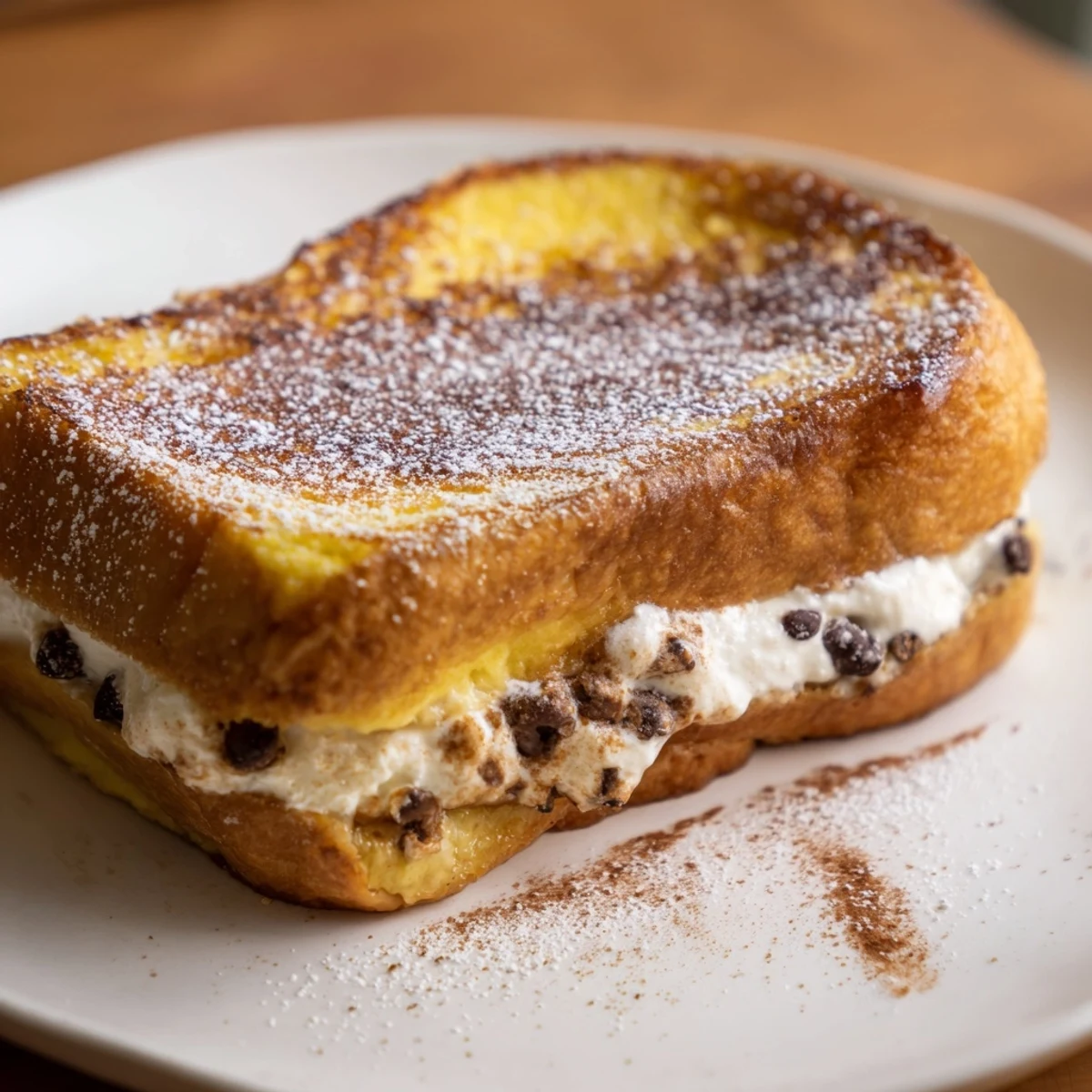 Thick brioche slices stuffed with creamy cannoli filling, dipped in cinnamon-vanilla custard, and fried until golden.