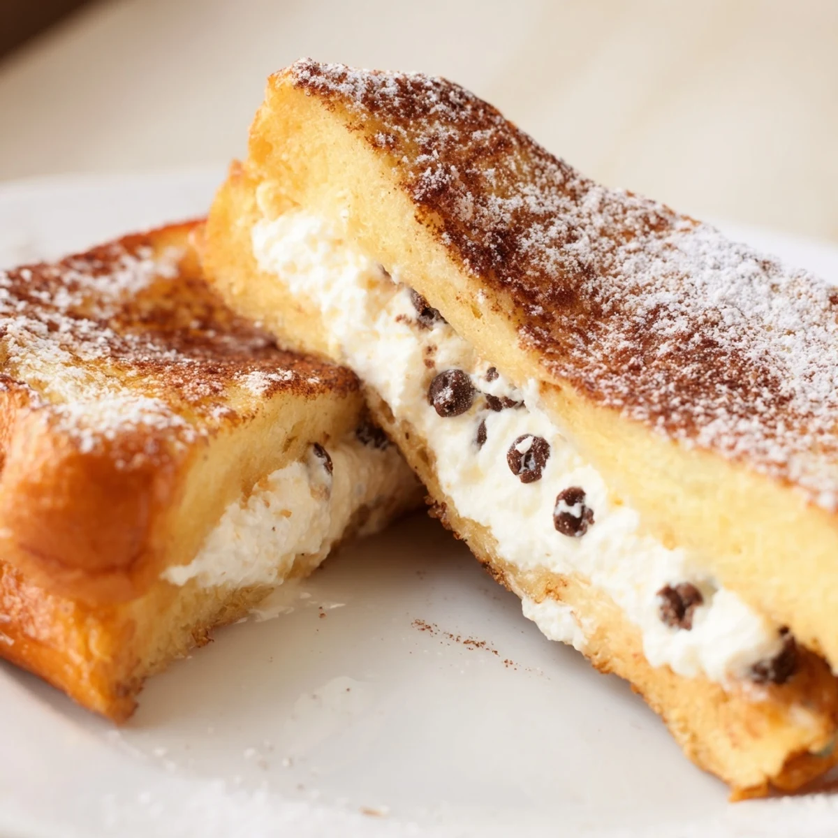 Golden-brown Decadent Cannoli Stuffed French Toast topped with powdered sugar, berries, and a drizzle of maple syrup.