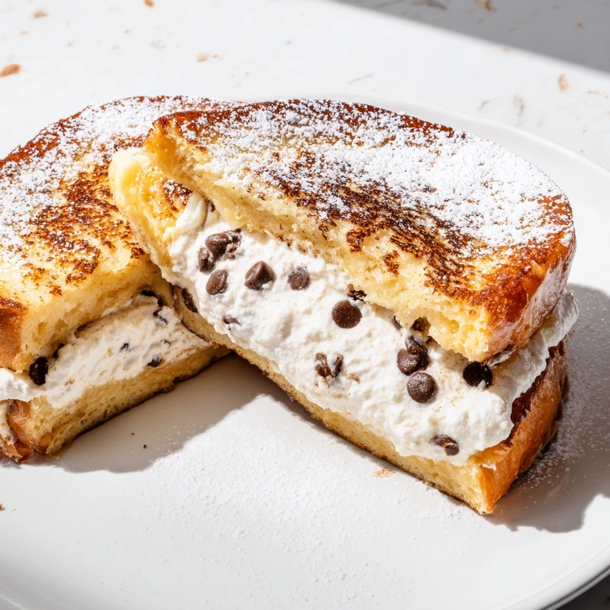 A close-up of Decadent Cannoli Stuffed French Toast reveals melted chocolate chips and a luscious ricotta-mascarpone filling.