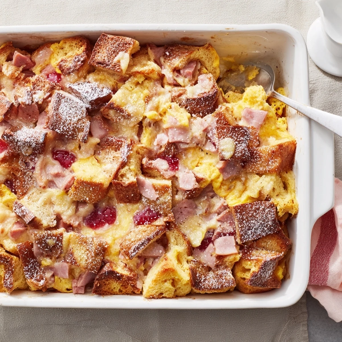 Golden-baked Monte Cristo Breakfast Casserole featuring brioche bread soaked in rich egg custard for brunch.