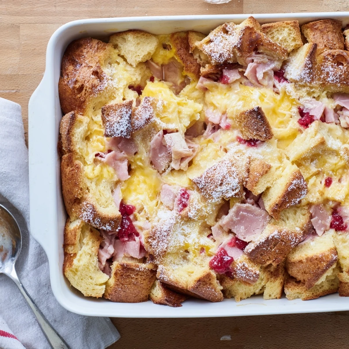 Savory and sweet Monte Cristo Breakfast Casserole served warm with raspberry preserves and a side salad.