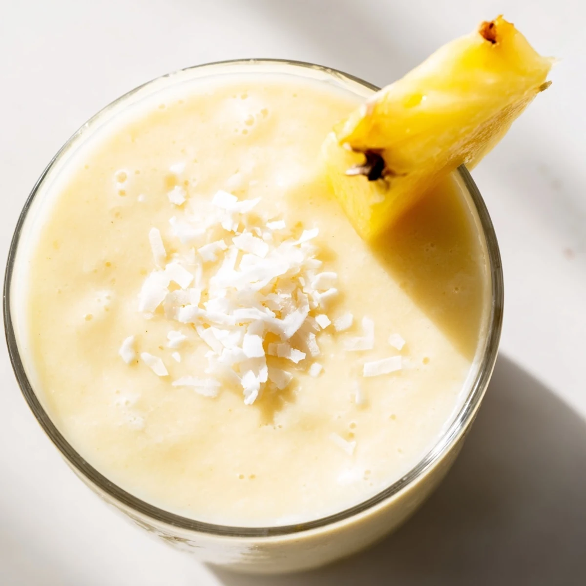 Vibrant Pineapple Coconut Smoothie in a glass with a tropical garnish and ice, ready to sip.
