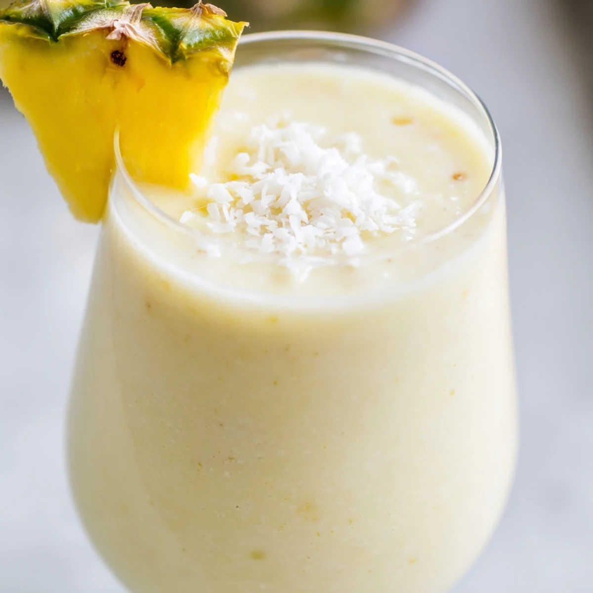 Refreshing Pineapple Coconut Smoothie beside fresh pineapple chunks and coconut milk, a perfect healthy beverage.