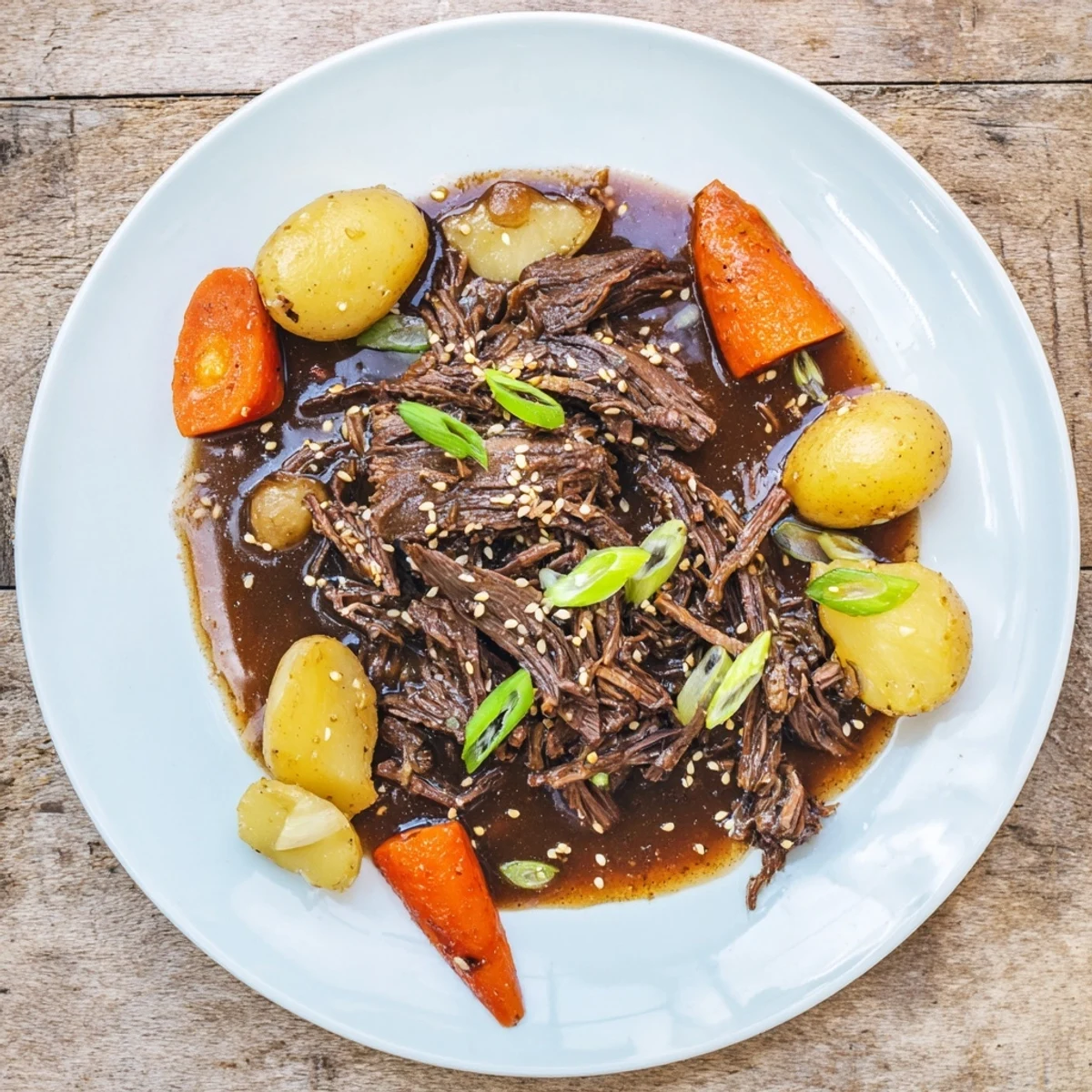 Slow Cooker Korean Beef Pot Roast With Soy Garlic Gravy served steaming on a platter with vegetables.