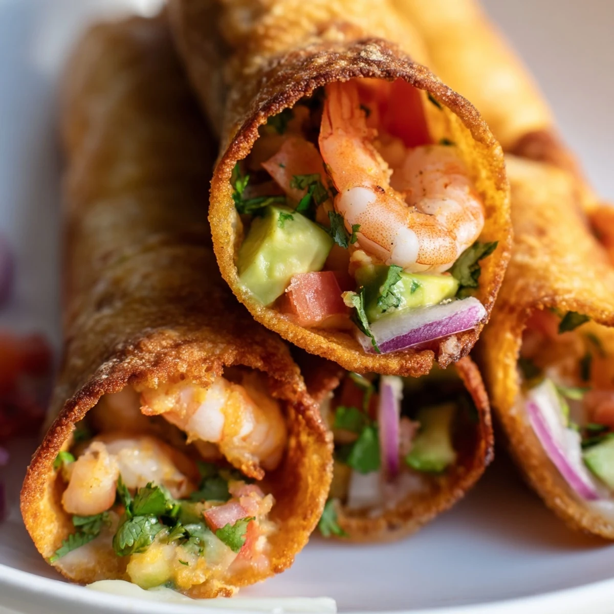 Freshly cooked Crispy Shrimp Avocado Taquitos are arranged beside lime wedges and a colorful bowl of salsa on a table.