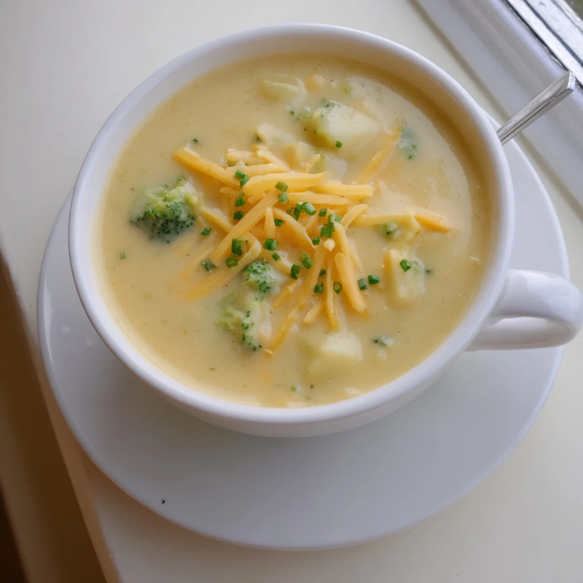 Creamy Cheesy Broccoli Potato Soup served warm beside crusty bread for a comforting lunch.