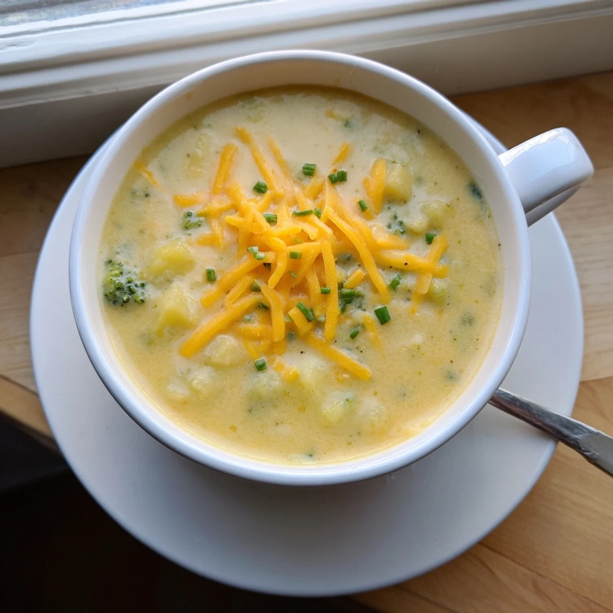 A bowl of Creamy Cheesy Broccoli Potato Soup topped with melted cheddar and fresh chives.