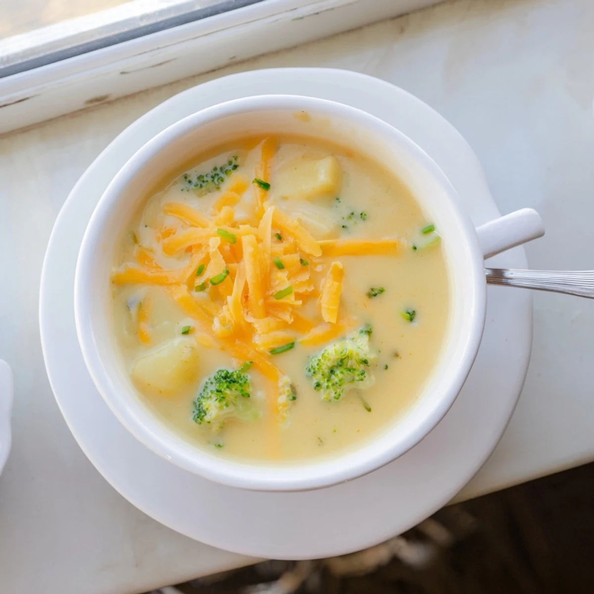 This Creamy Cheesy Broccoli Potato Soup features velvety texture and vibrant green broccoli florets.