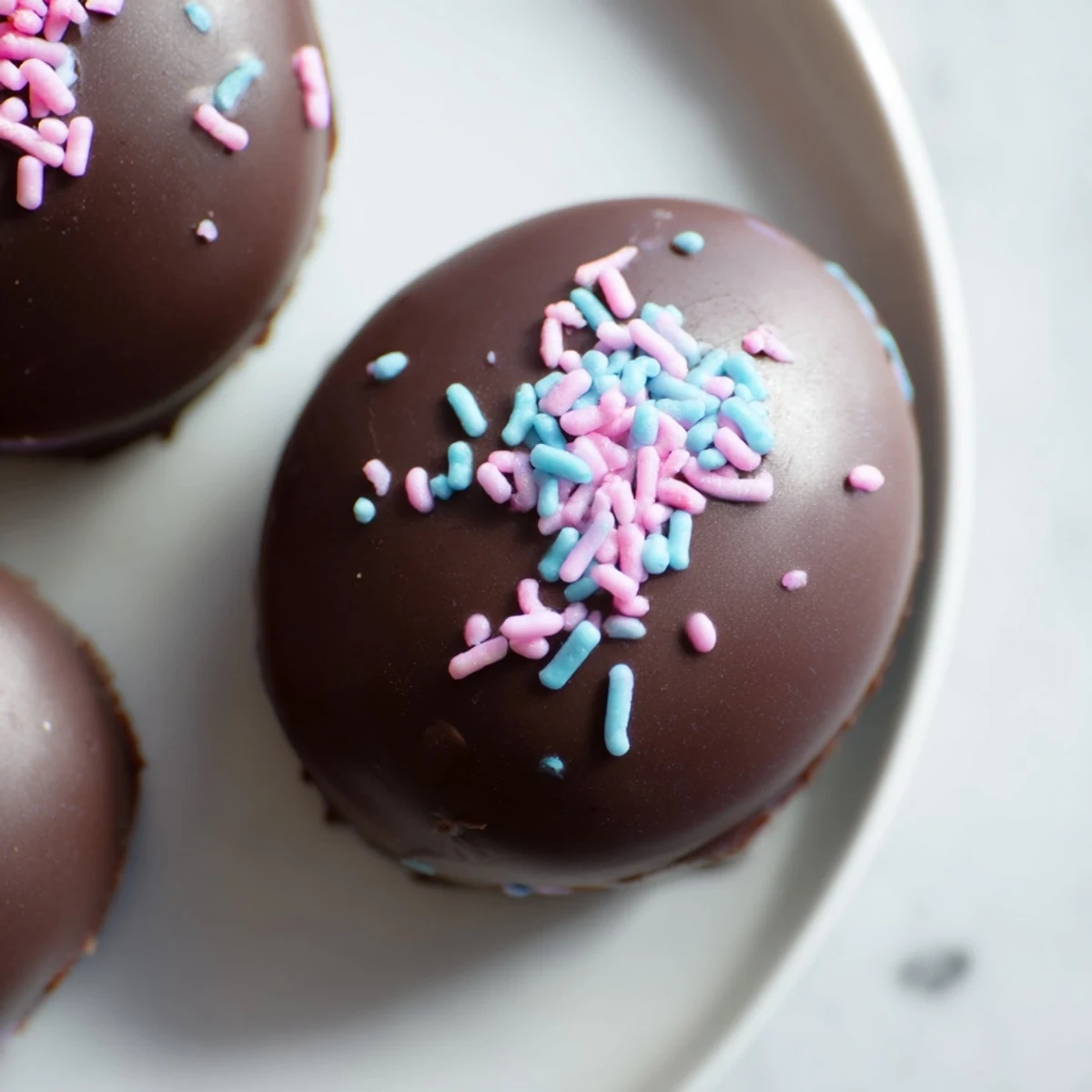 A close-up of Easter Egg Oreo Balls dipped in white chocolate, drizzled with pink candy melts for spring.  