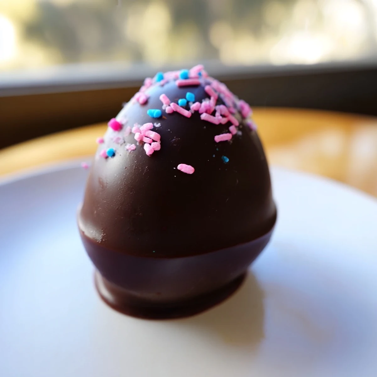 Glossy, egg-shaped Easter Egg Oreo Balls coated in dark chocolate, dusted with sparkling sugar on a pastel plate.  