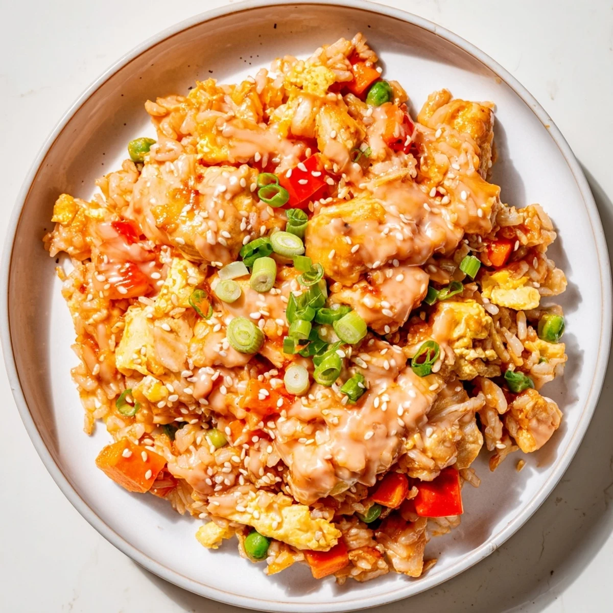 A close-up of vibrant Bang Bang Fried Rice with colorful bell peppers, peas, and a drizzle of signature sauce.