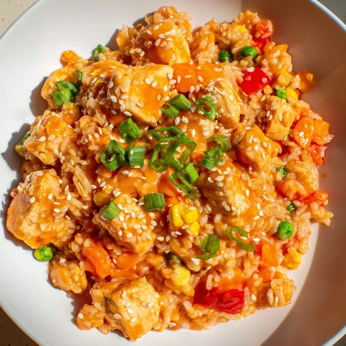 Golden-brown Bang Bang Fried Rice in a skillet with tender chicken, crisp veggies, and creamy spicy Bang Bang sauce.
