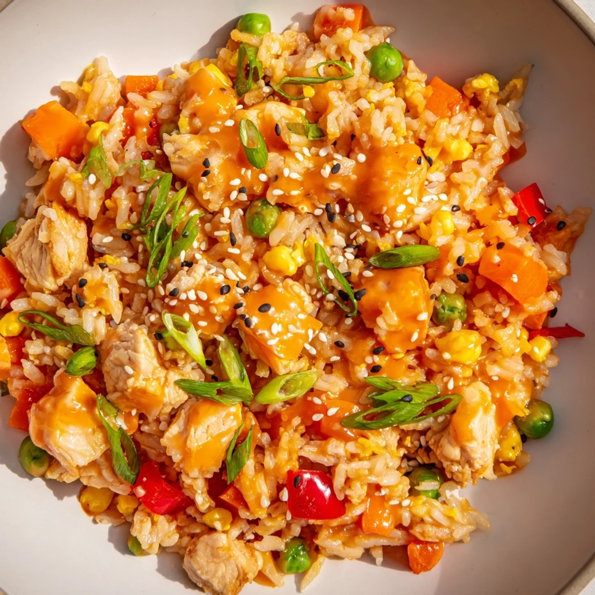 Serve Bang Bang Fried Rice steaming in a bowl, garnished with sesame seeds and fresh green onions.