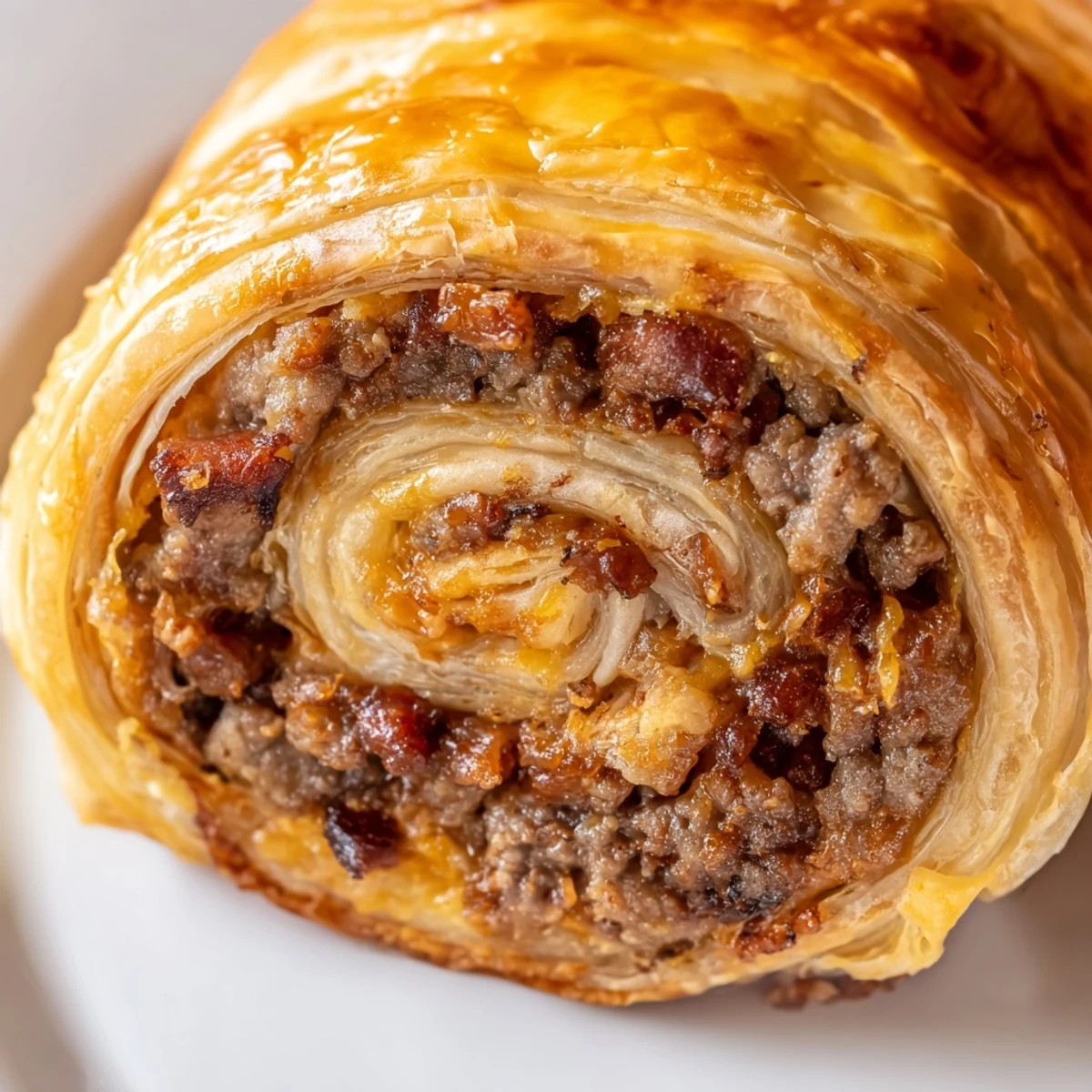 Golden-brown Cheesy Bacon Burger Rollups on a rustic board, with melted cheddar and crispy bacon bits visible in the flaky puff pastry.