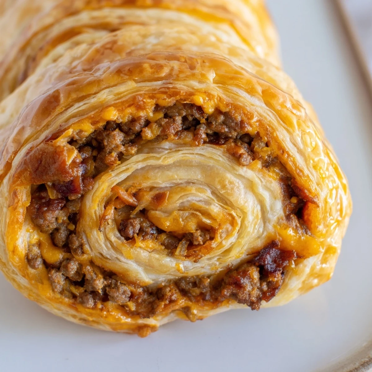 A close-up view shows a hand holding a warm Cheesy Bacon Burger Rollup, revealing the savory beef filling inside.