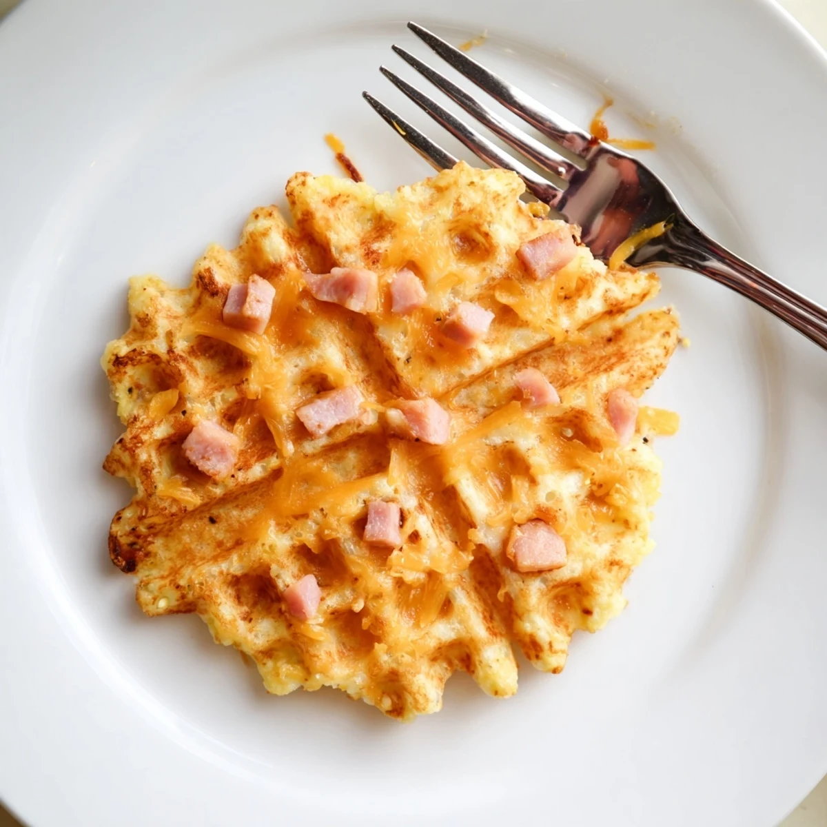 Close-up of a Ham and Cheese Chaffle next to a cup of coffee, perfect low-carb snack.