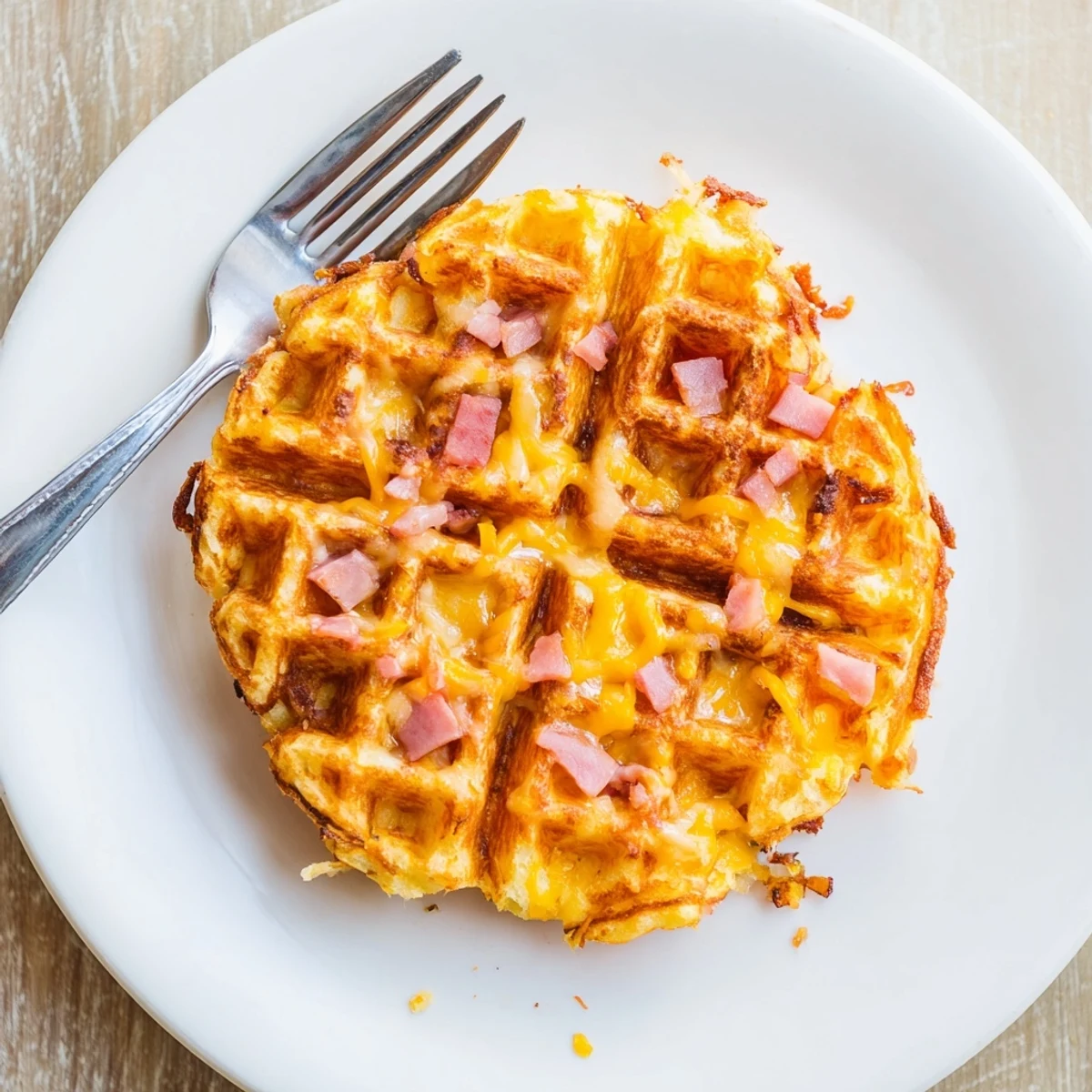Two Ham and Cheese Chaffles stacked on a white plate, showing crunchy edges and melted cheese inside.