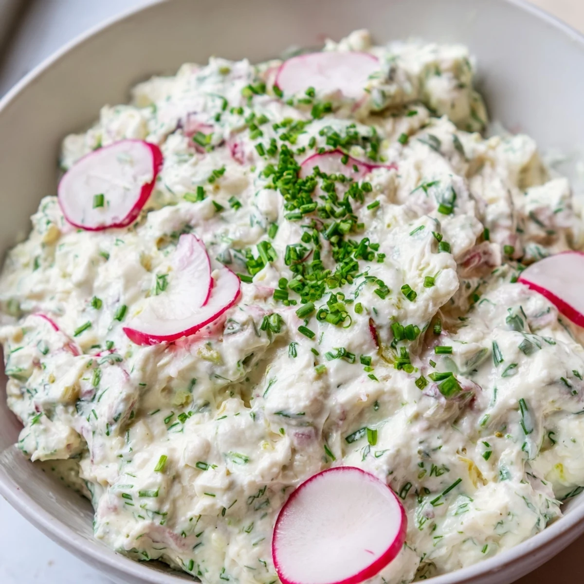 A serving of Simple Easter Herb Cheese Dip on a wooden board, surrounded by fresh herbs, spring vegetables, and toasted bread slices.