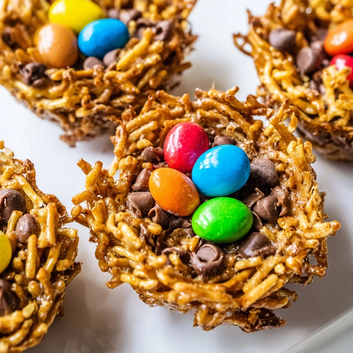 Easter Birds Nest Cookies with Peanut Butter and Chocolate displayed on a white plate, with gooey chocolate and peanut butter holding crispy noodles and bright candy eggs.