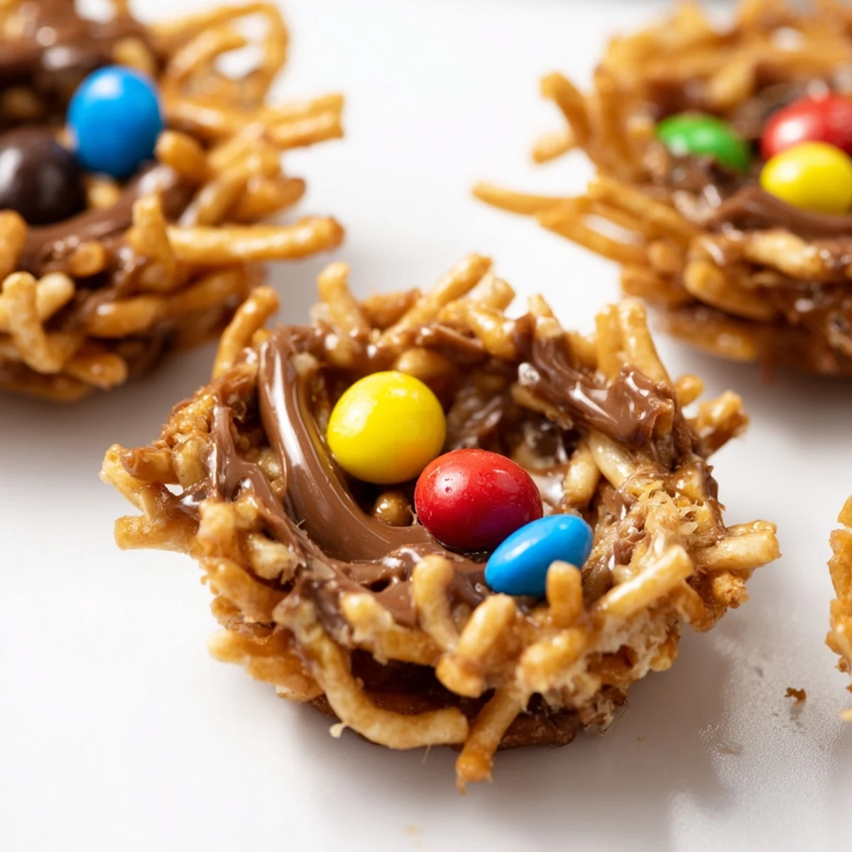 A close-up of Easter Birds Nest Cookies with Peanut Butter and Chocolate, showing melted peanut butter and chocolate coated chow mein noodles shaped into nests with pastel candy eggs.