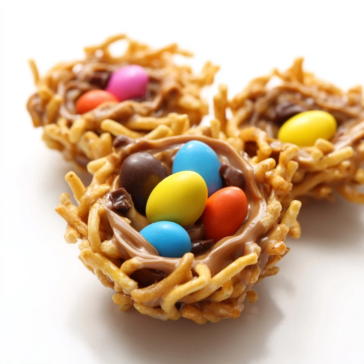 A serving platter of Easter Birds Nest Cookies with Peanut Butter and Chocolate, arranged on parchment paper and ready for an Easter celebration or spring party.