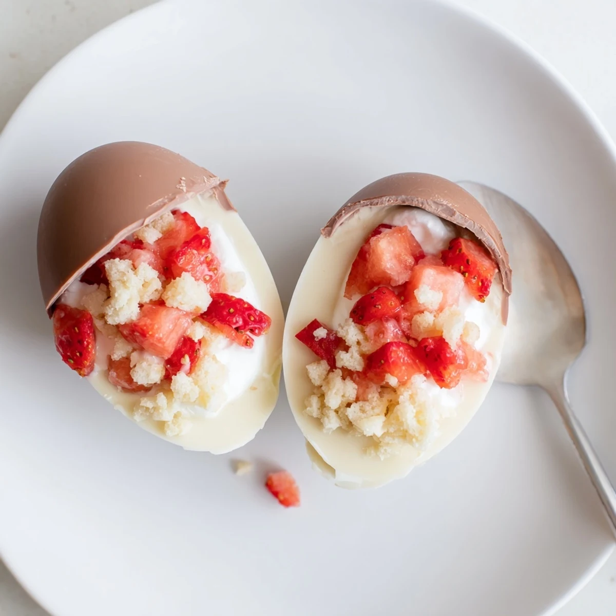 Close-up of a halved Strawberry Shortcake Easter Egg Bomb revealing fluffy whipped cream, juicy strawberry pieces, and crumbled shortcake inside a white chocolate shell.