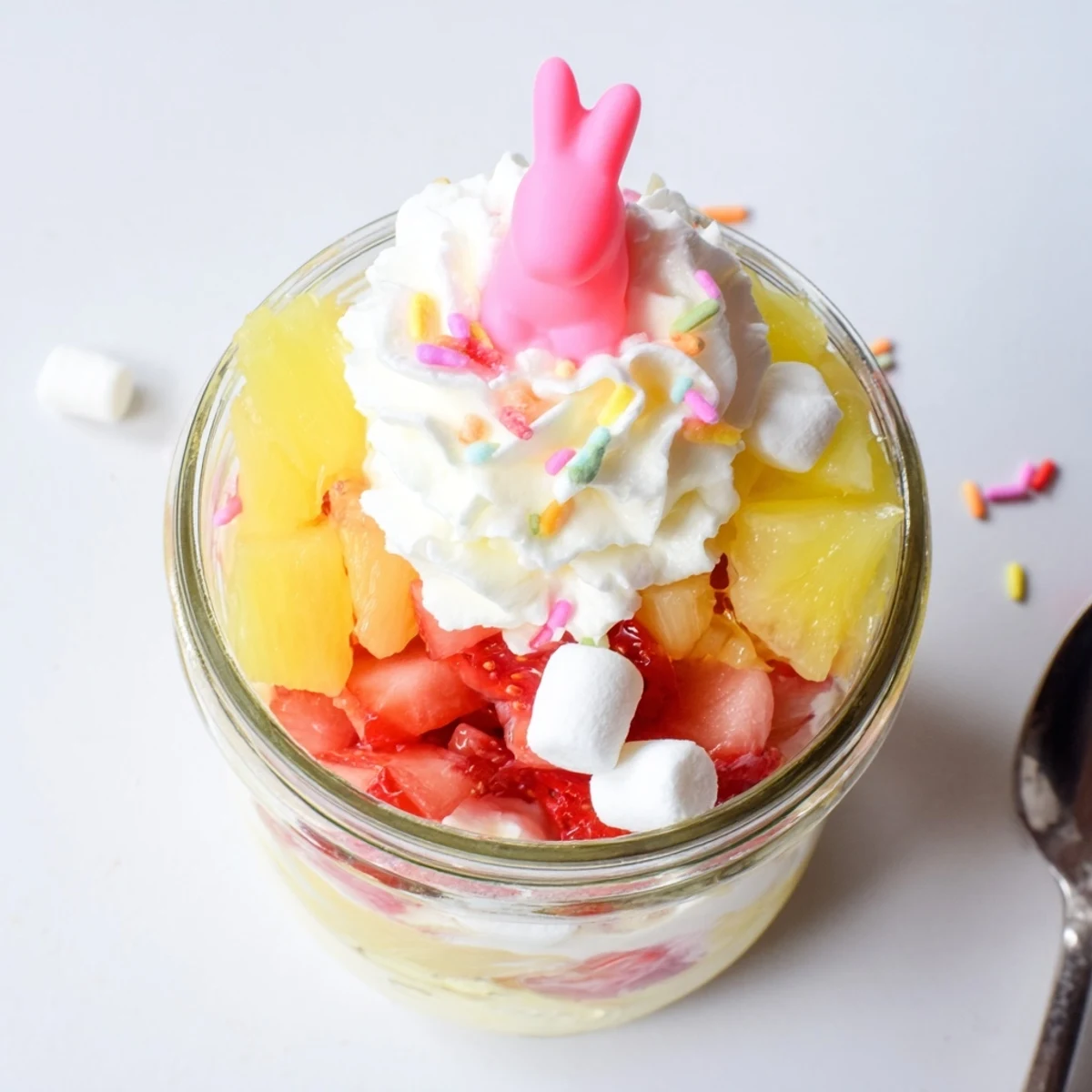 Cheerful Jello Pie Easter Bunny Parfait In A Jar features strawberry and lemon gelatin cubes in a clear glass.