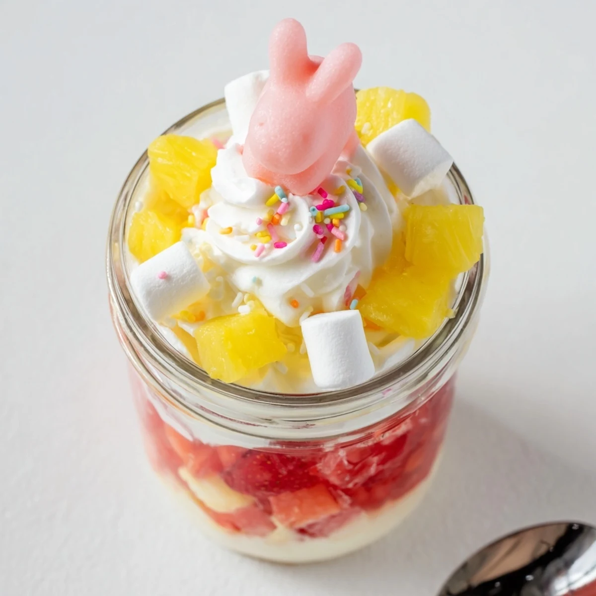 Vibrant layers of Jello Pie Easter Bunny Parfait In A Jar showcase creamy filling, fresh fruit, and festive toppings.