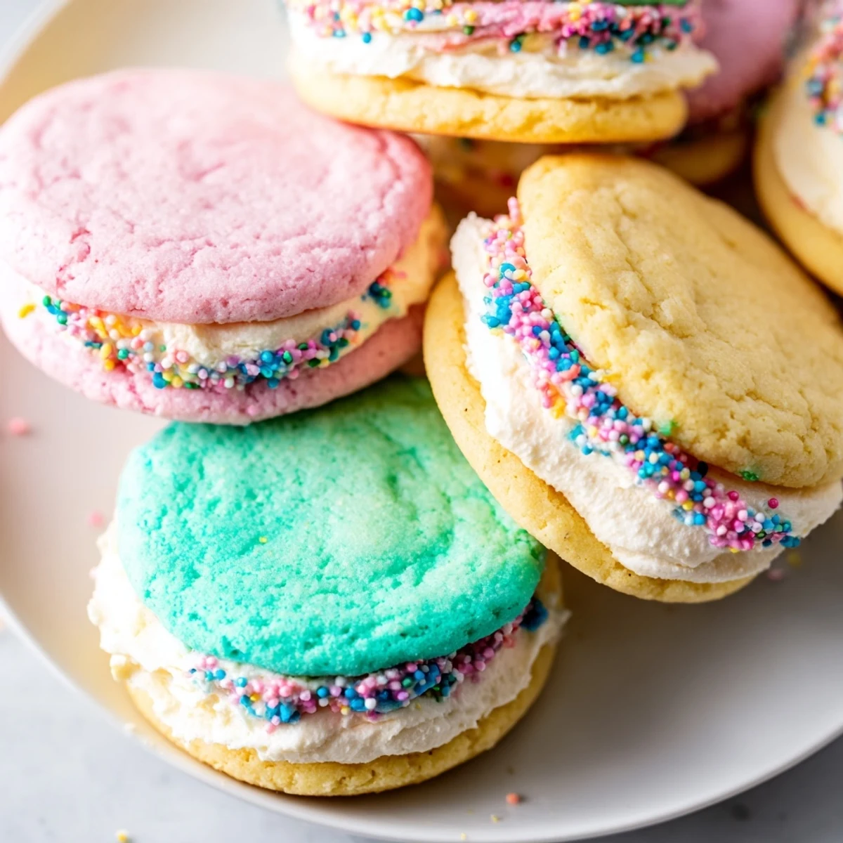 Vibrant pastel sugar cookie sandwiches stacked on a white plate, with creamy vanilla buttercream peeking between soft baked layers.