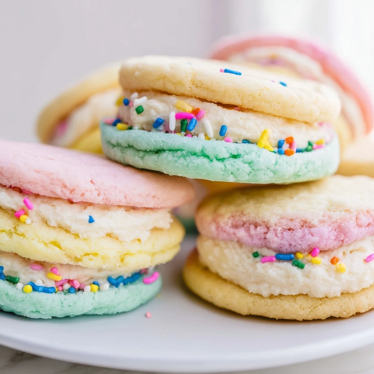 Arrange pastel sugar cookie sandwiches on a wooden board with scattered sprinkles for a festive, easy-to-make dessert presentation.